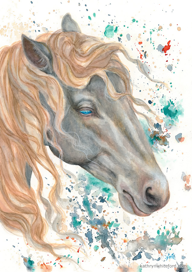"Horse in Watercolour" Coloured pencils over watercolours, A4