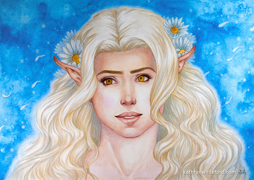 "Daisy Elf" Coloured pencils over watercolours, A3